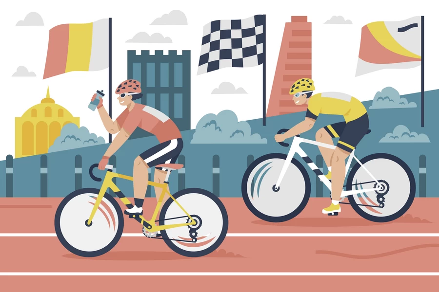 卡通扁平小人校园运动会跑步自行车比赛场景插画AI矢量设计素材【012】